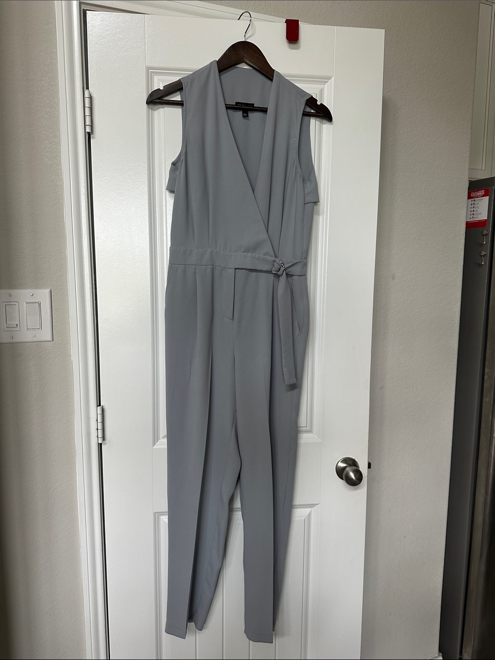 Topshop Sleeveless Light Gray Wrap Jumpsuit with Tie Waist